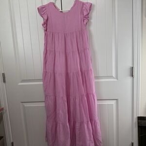 La' Ven Tie Empire Waist Tiered Ruffled Sleeve Maxi Dress W/Pockets Pink Small